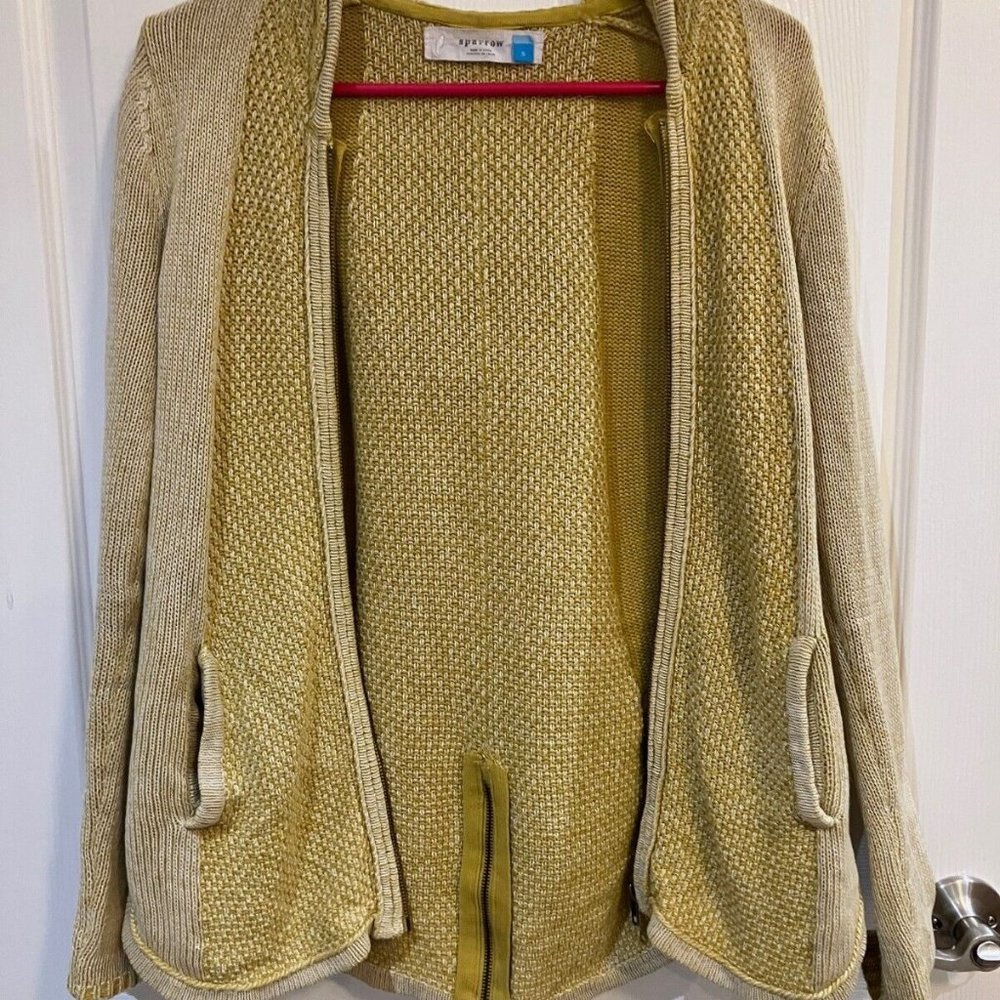 Anthropologie SPARROW S Yellow/White Cardigan Sweater Hooded Cotton S